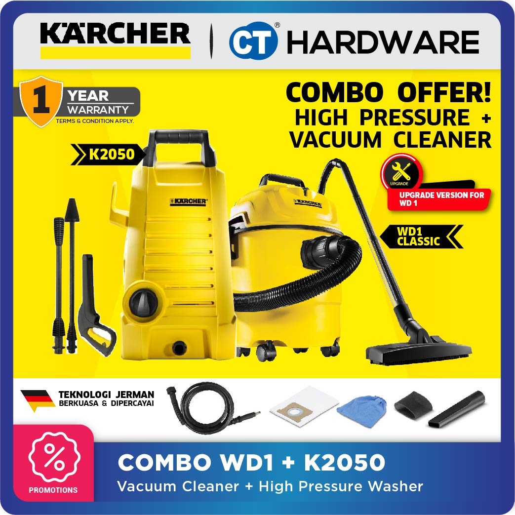 Kärcher WD 1 Classic + K 2.050 2-Tool Combo Set Wet & Dry Vacuum Cleaner and High Pressure Washer