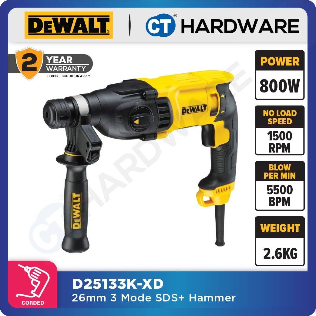 DEWALT D25133K SDS PLUS 3 MODE ROTARY HAMMER 800W 1550RPM 26MM 2.6KG