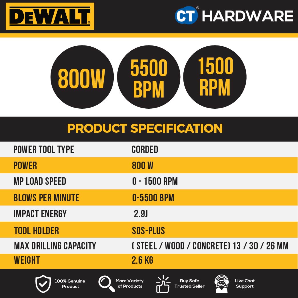 DEWALT D25133K SDS PLUS 3 MODE ROTARY HAMMER 800W 1550RPM 26MM 2.6KG