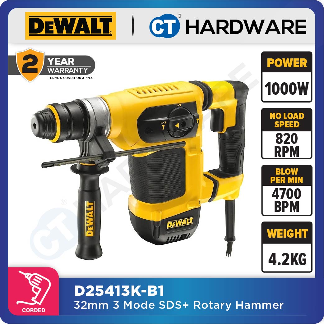 DEWALT D25413K-B1 L-SHAPE 3 MODE SDS PLUS ROTARY HAMMER 32MM 900W 820RPM 4.2KG