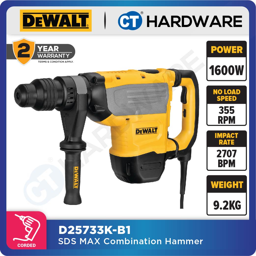 DEWALT D25733K SDS MAX DEMOLOTION HAMMER 1600W 8KG 1350-2705BPM 177-355RPM 15AMPS MAX 15.7J