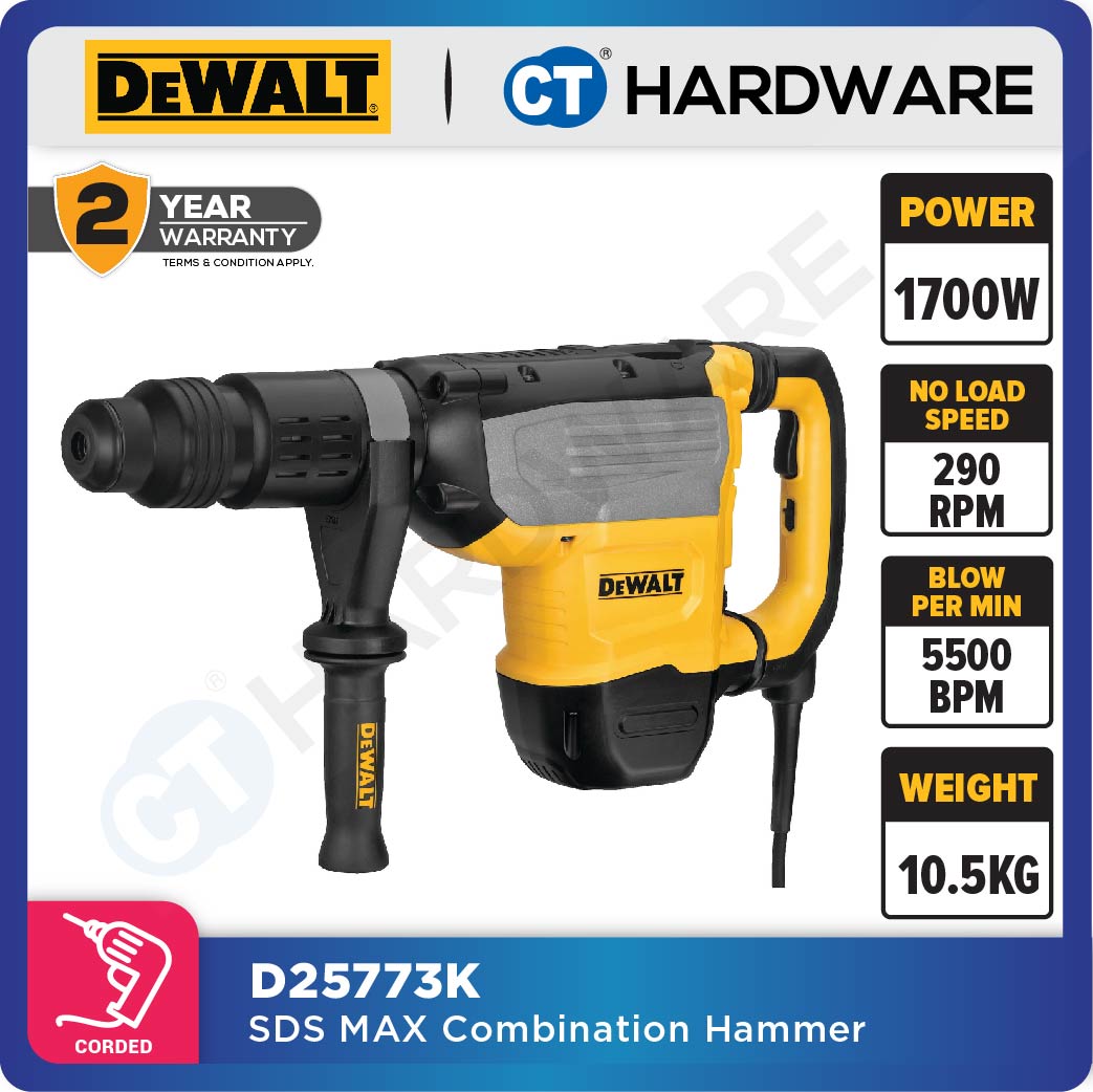 DEWALT D25773K SDS MAX DEMOLOTION HAMMER 52MM 1700W 10KG 1105-2210BPM 145-290RPM MAX 22.7J