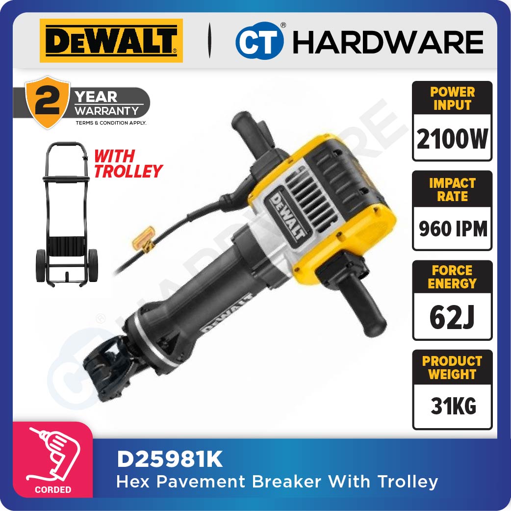 DEWALT D25981K HEX PAVEMENT BREAKER WITH TROLLEY 28MM 30KG 2100W MAX 72J 960BPM