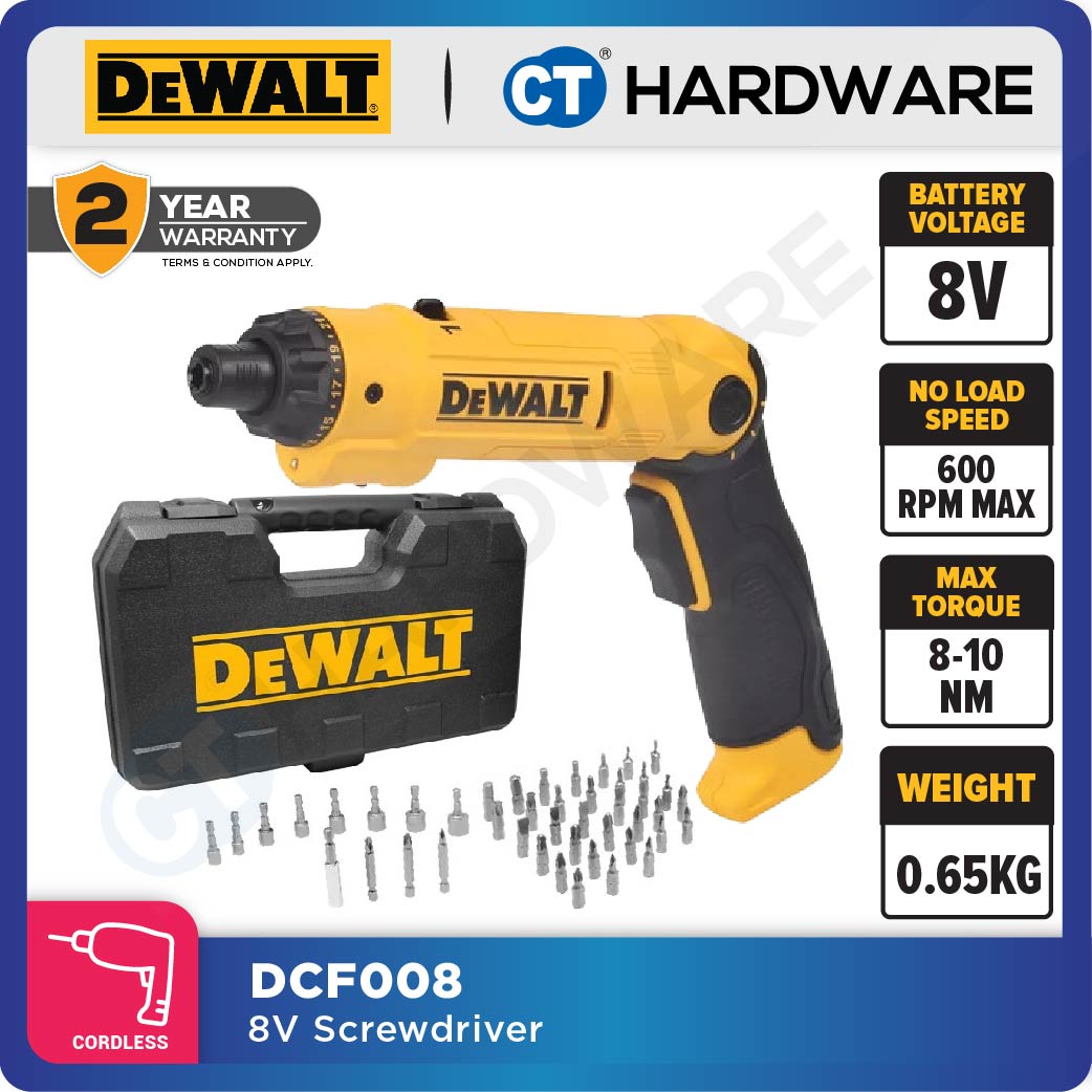 DEWALT DCF008 CORDLESS SCREWDRIVER 8W LITHIUM-ION 180-600RPM 8NM-10NM