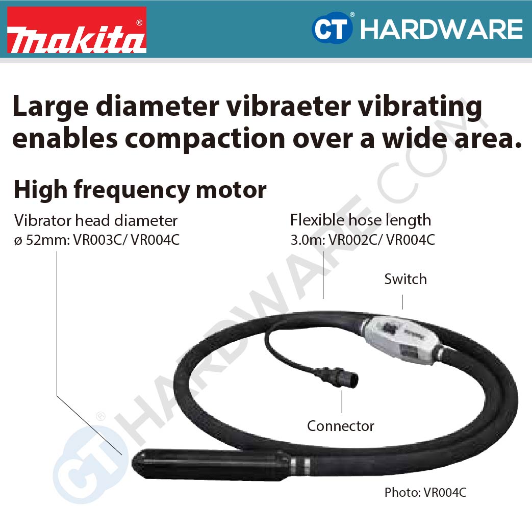 Makita VR004CZ LXT 18V Cordless Concrete Vibrator C/W 52mm X 3m Flexible Shaft (Body Only)