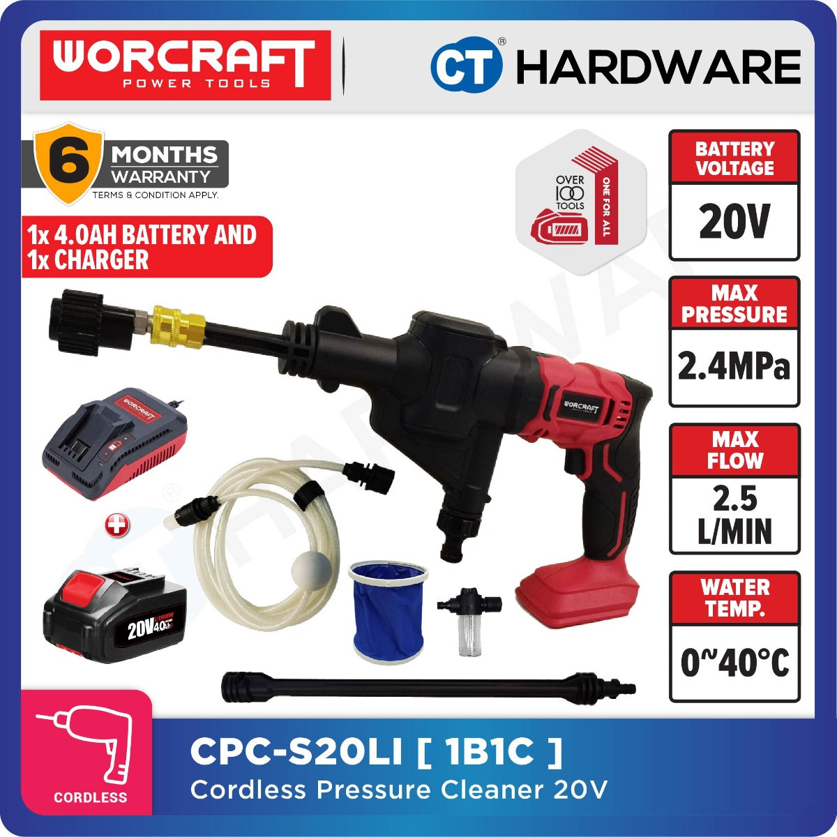 WORCRAFT CPC-S20LI CORDLESS PRESSURE CLEANER 20V | 28BAR | 2.5L/MIN