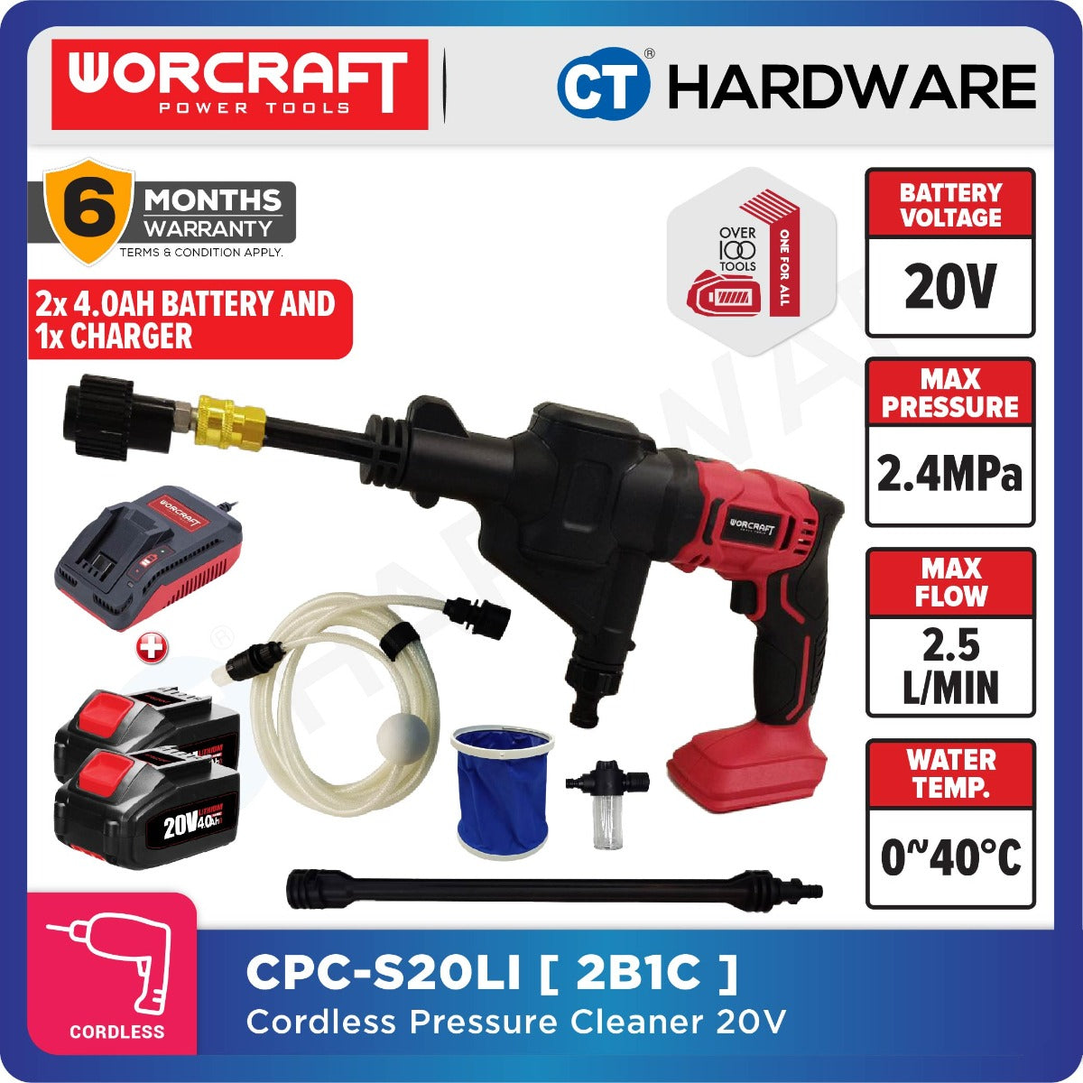 WORCRAFT CPC-S20LI CORDLESS PRESSURE CLEANER 20V | 28BAR | 2.5L/MIN