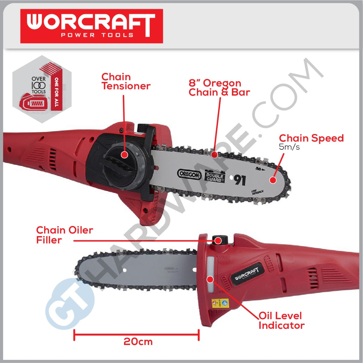 WORCRAFT CPS-S20LI CORDLESS POLE SAW 20V 8" 2500RPM (CPSS20LISOLO) WITHOUT BATTERY AND CHARGER