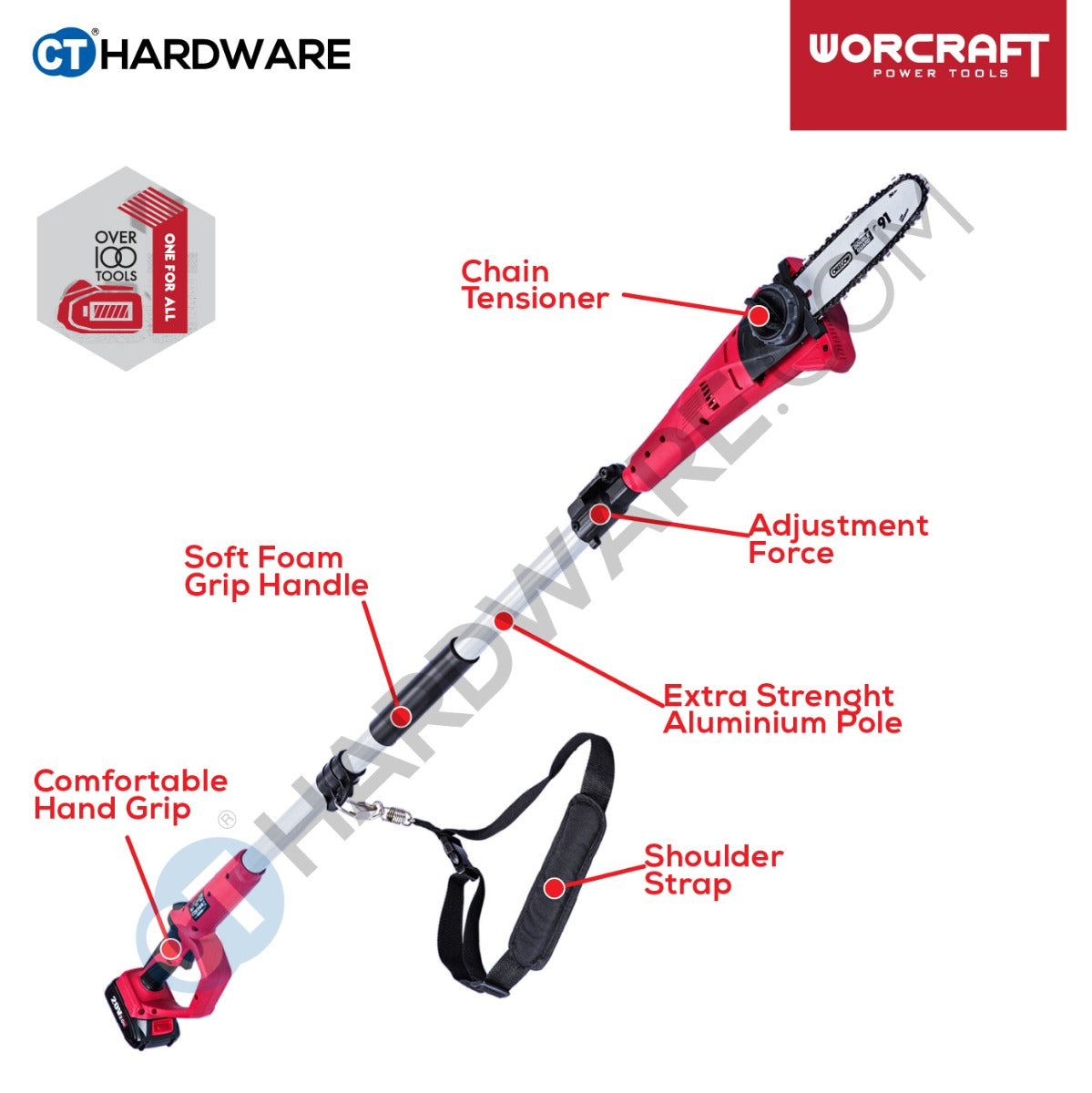 WORCRAFT CPS-S20LI CORDLESS POLE SAW 20V 8" 2500RPM (CPSS20LISOLO) WITHOUT BATTERY AND CHARGER