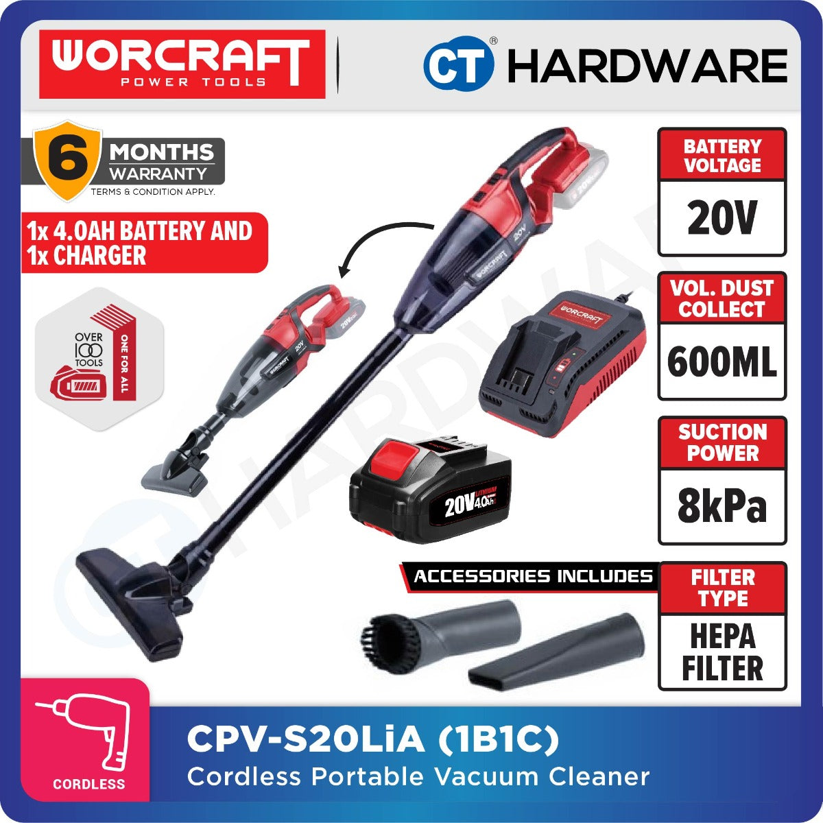 Worcraft CPVC-S20LiA 20V Cordless Portable Vacuum Cleaner 8kPa 600ml