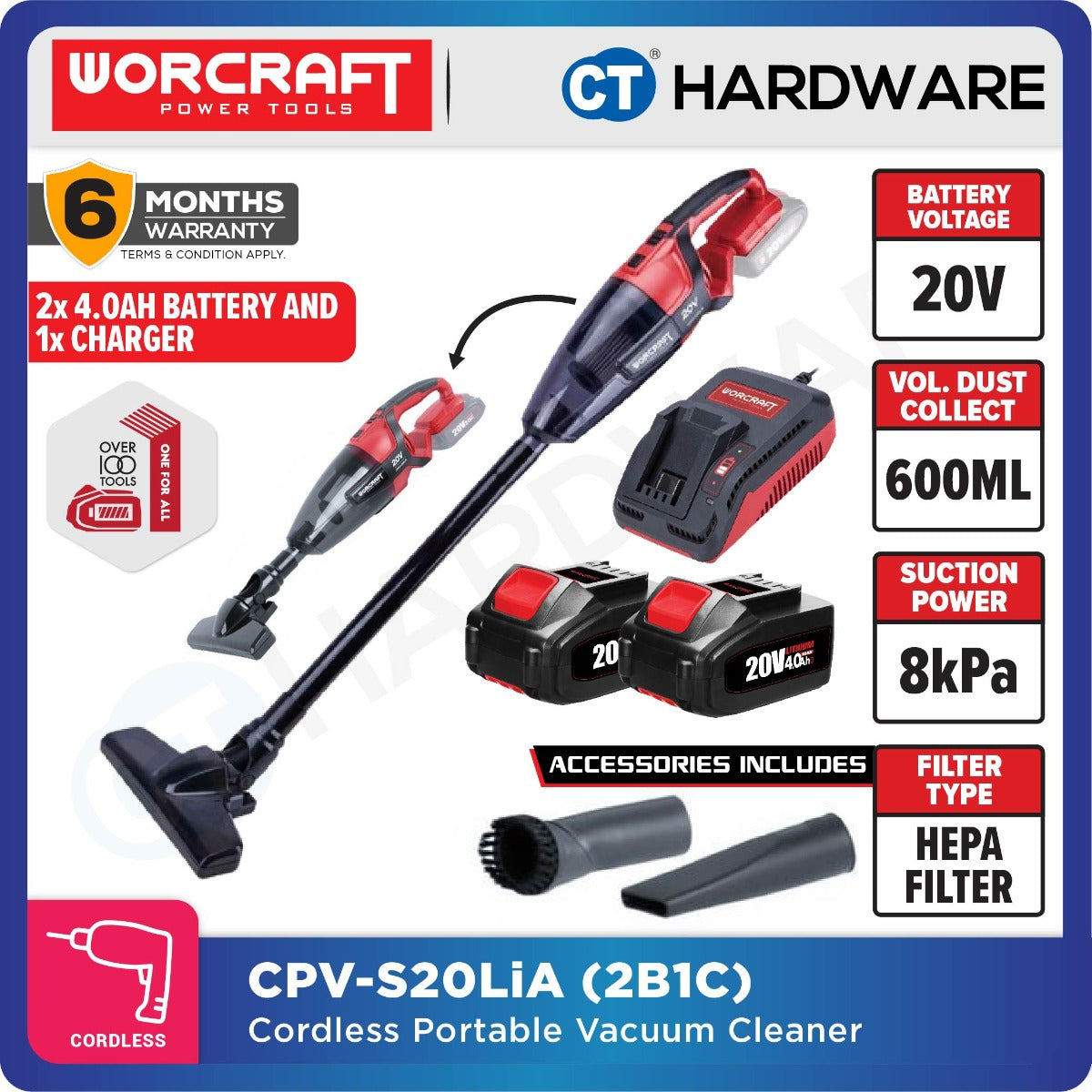 Worcraft CPVC-S20LiA 20V Cordless Portable Vacuum Cleaner 8kPa 600ml