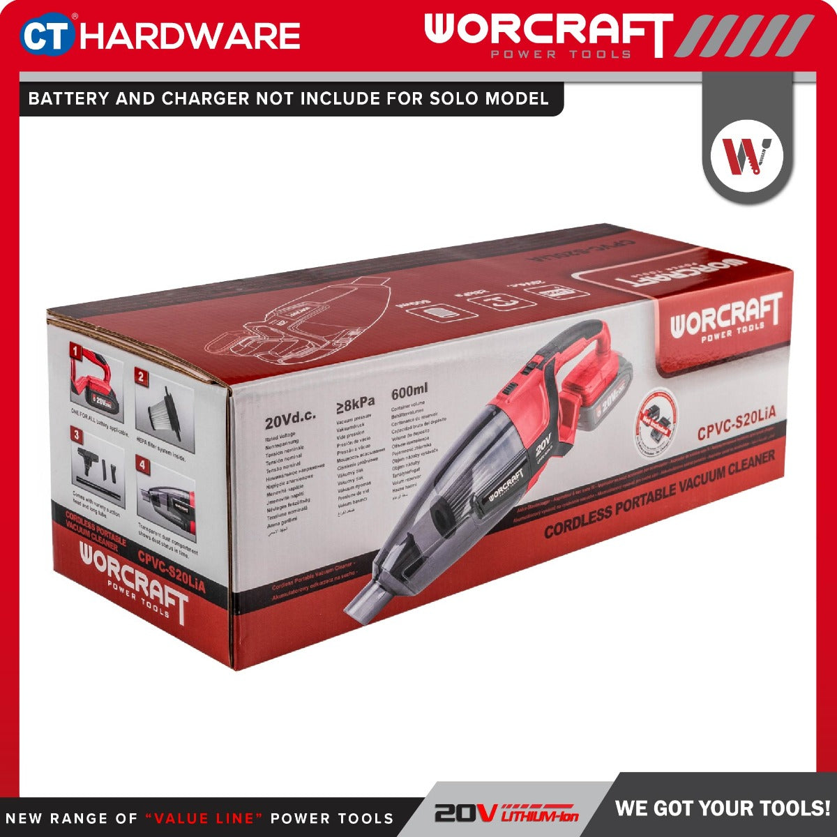 Worcraft CPVC-S20LiA 20V Cordless Portable Vacuum Cleaner 8kPa 600ml