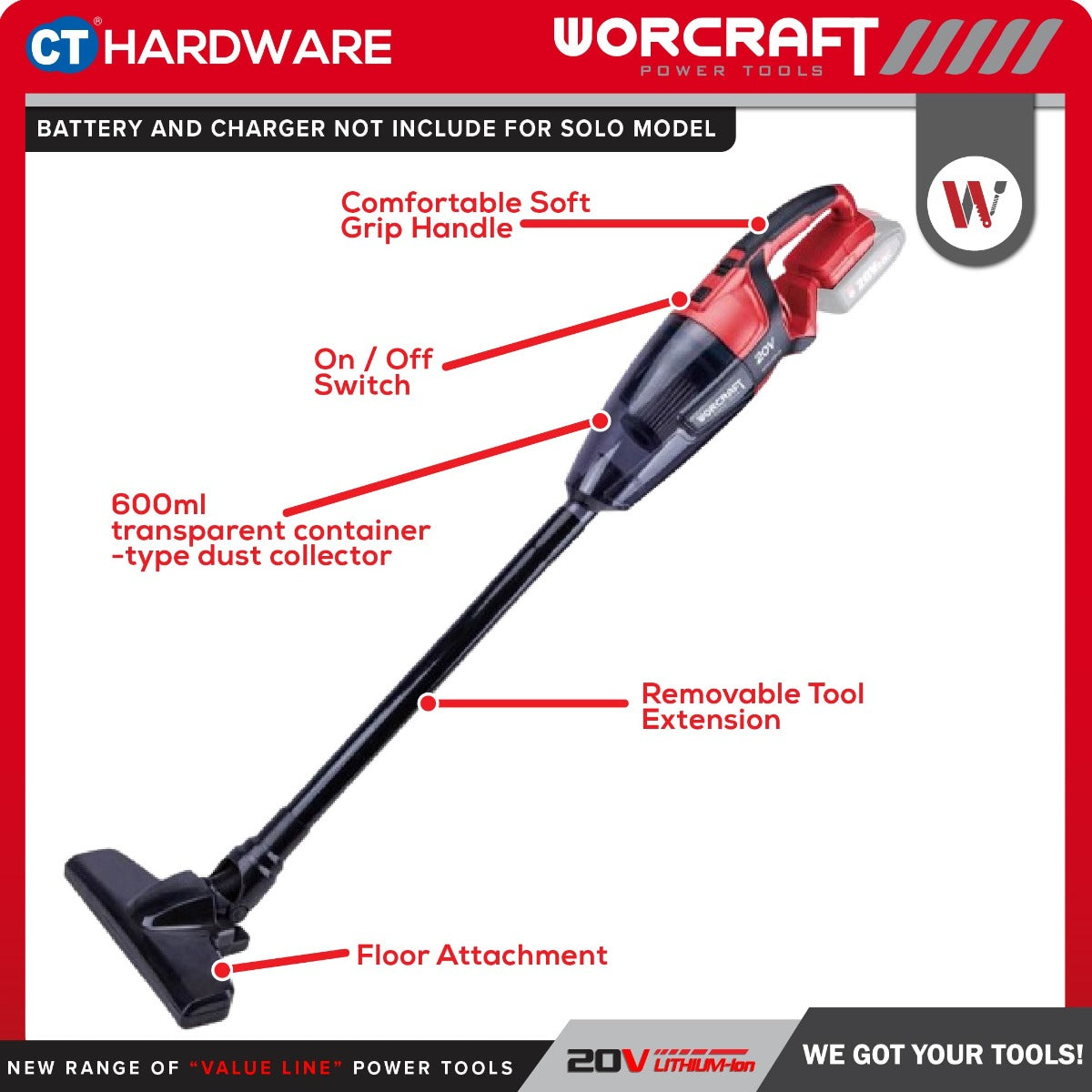 Worcraft CPVC-S20LiA 20V Cordless Portable Vacuum Cleaner 8kPa 600ml