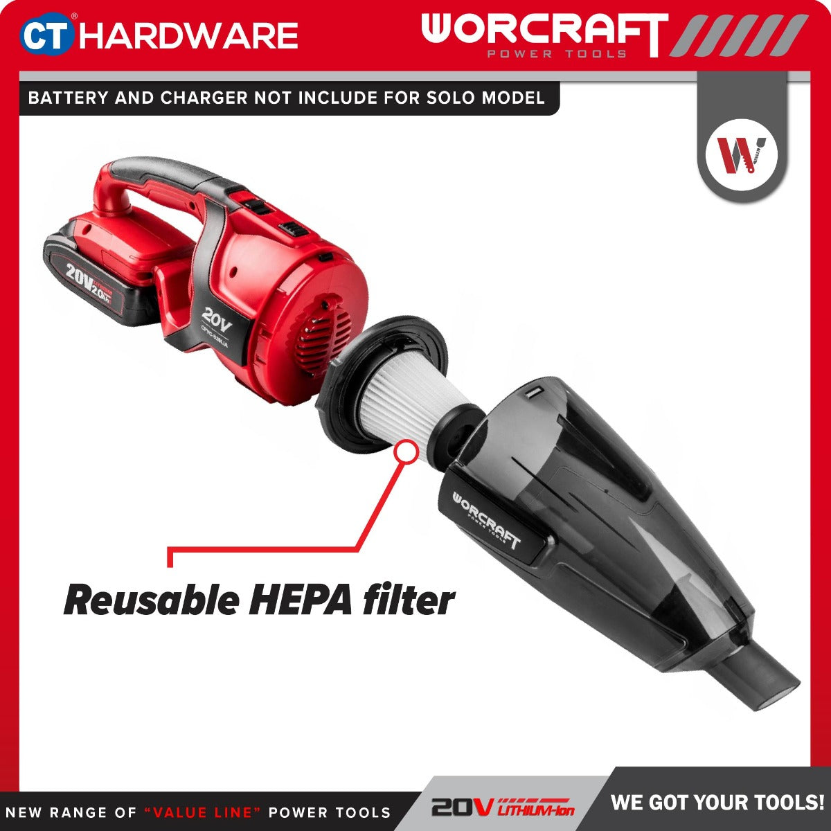 Worcraft CPVC-S20LiA 20V Cordless Portable Vacuum Cleaner 8kPa 600ml