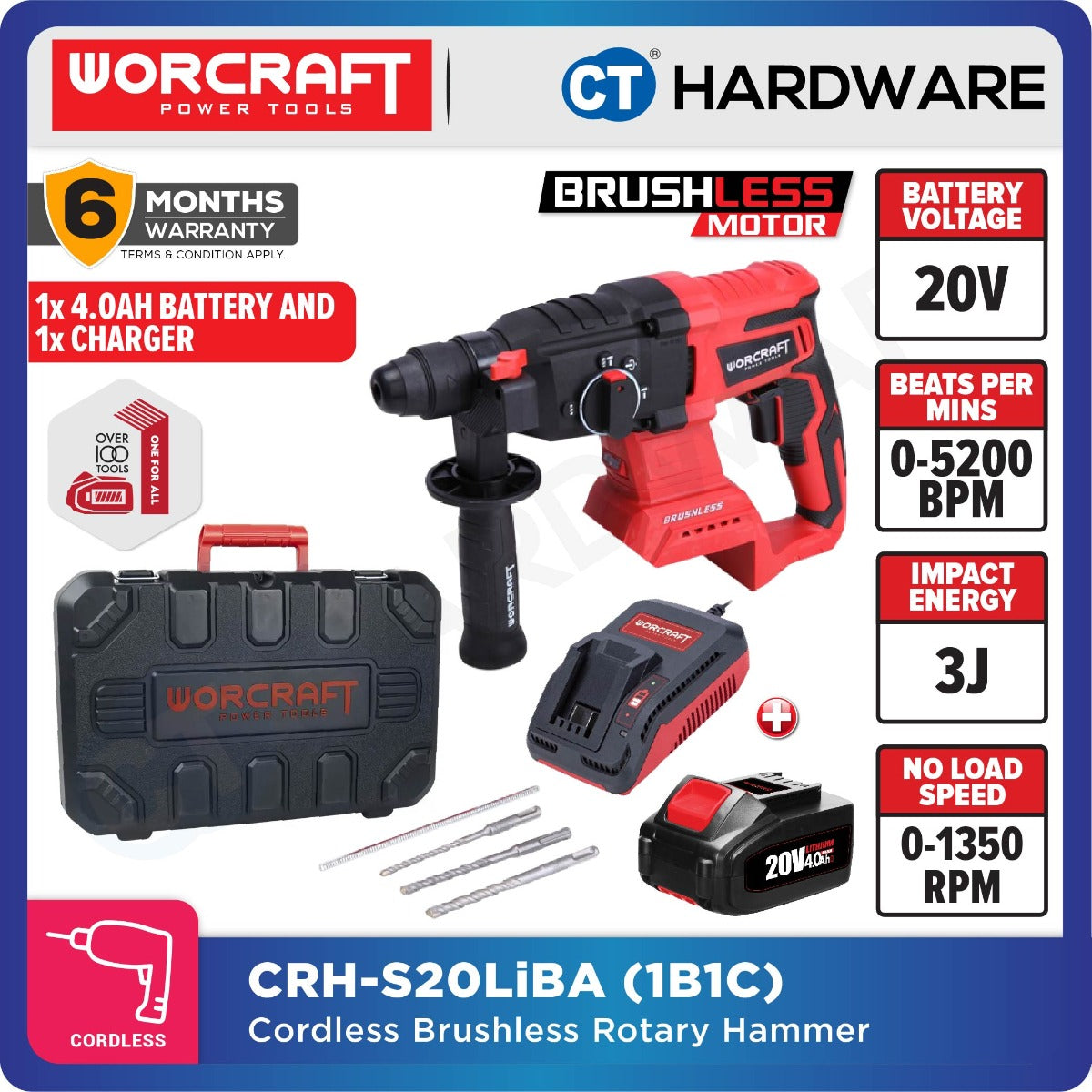 Worcraft CRH-S20LiBA 20V Cordless Brushless Rotary Hammer 3-Mode 1350RPM