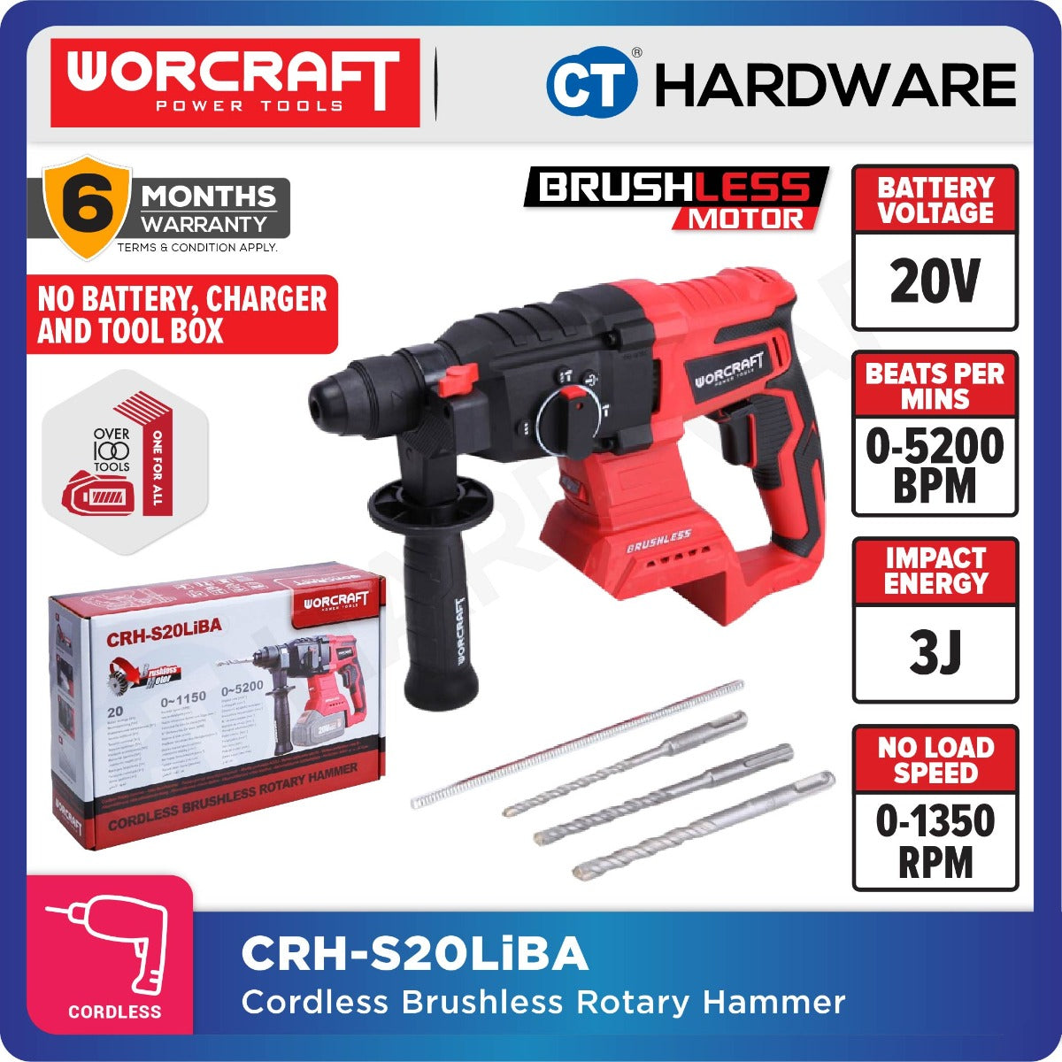 Worcraft CRH-S20LiBA 20V Cordless Brushless Rotary Hammer 3-Mode 1350RPM