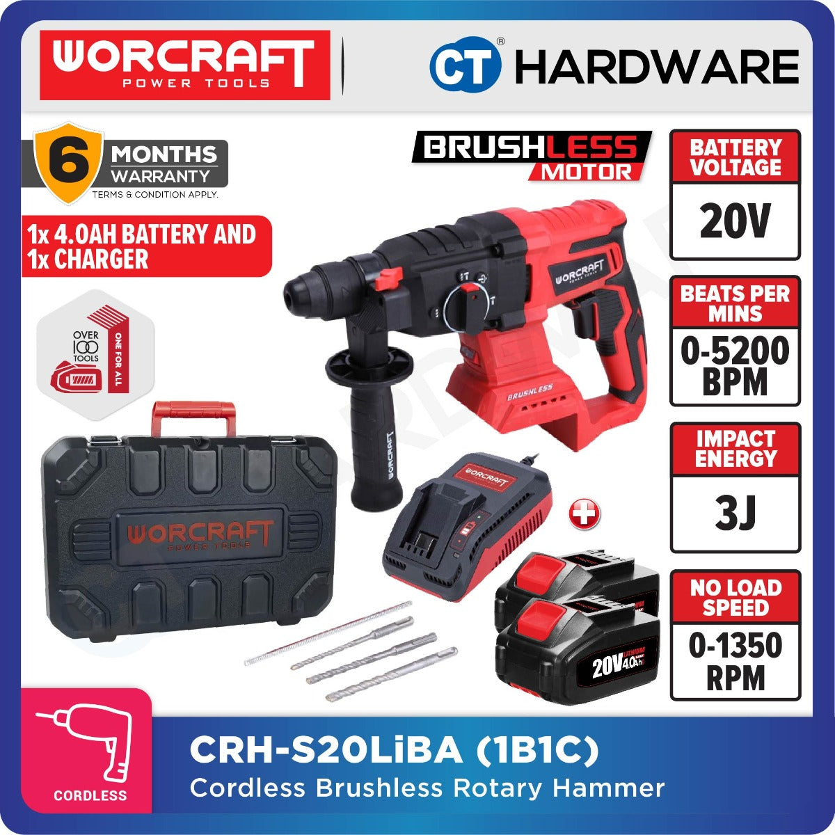Worcraft CRH-S20LiBA 20V Cordless Brushless Rotary Hammer 3-Mode 1350RPM