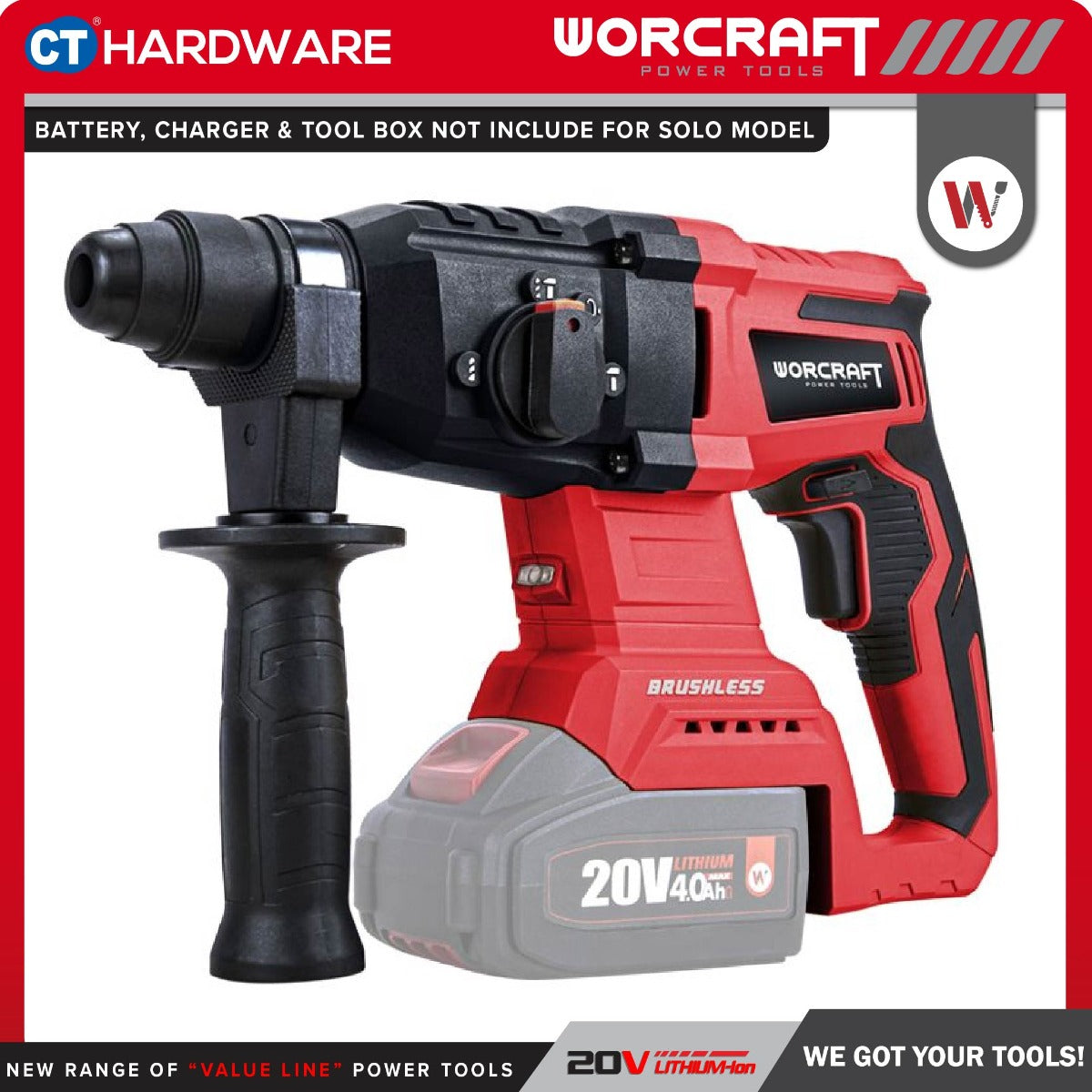 Worcraft CRH-S20LiBA 20V Cordless Brushless Rotary Hammer 3-Mode 1350RPM