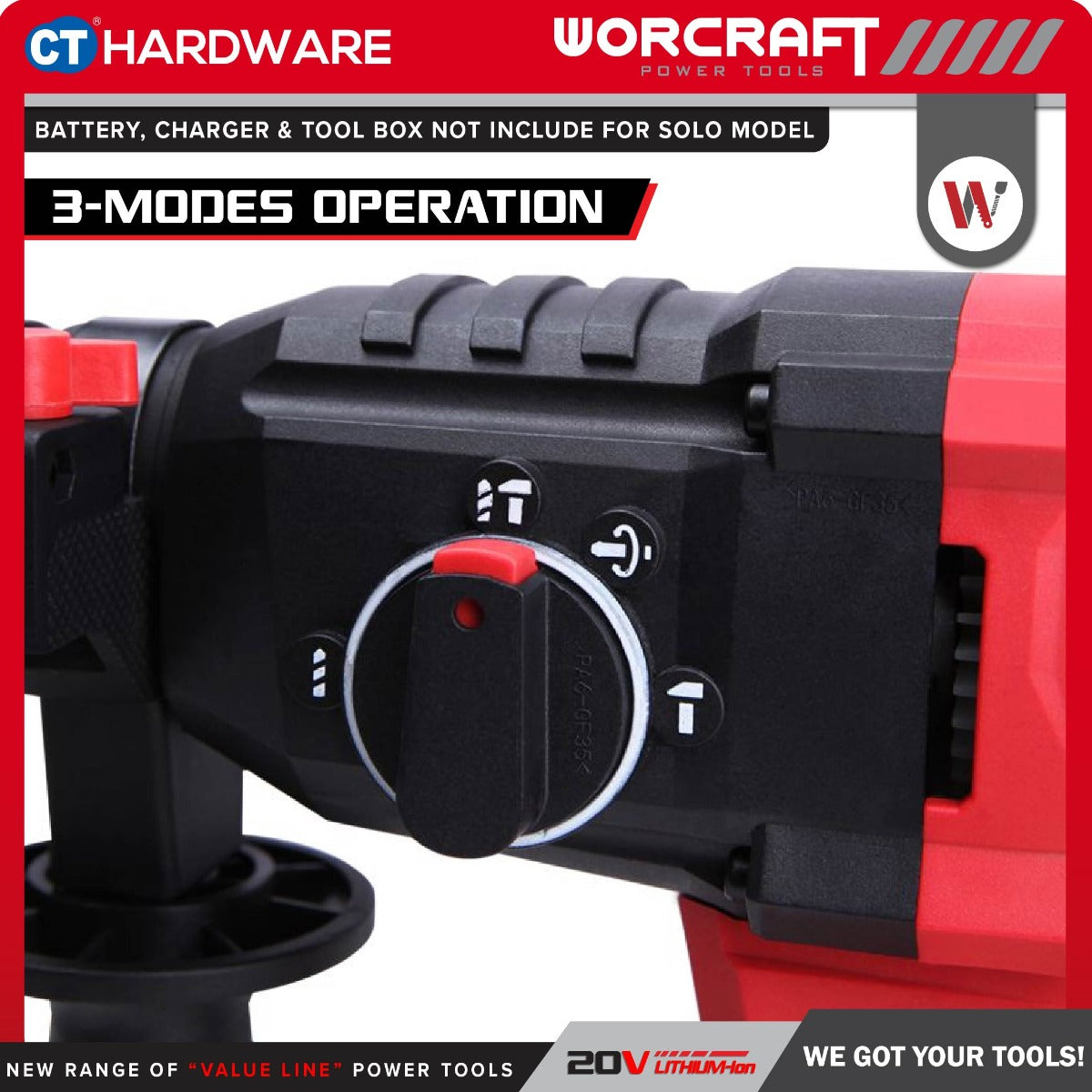 Worcraft CRH-S20LiBA 20V Cordless Brushless Rotary Hammer 3-Mode 1350RPM