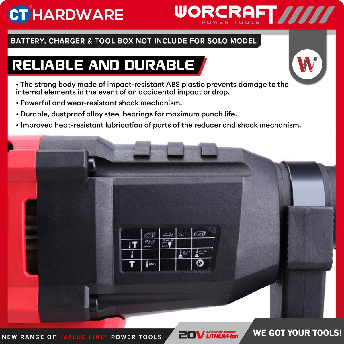 Worcraft CRH-S20LiBA 20V Cordless Brushless Rotary Hammer 3-Mode 1350RPM