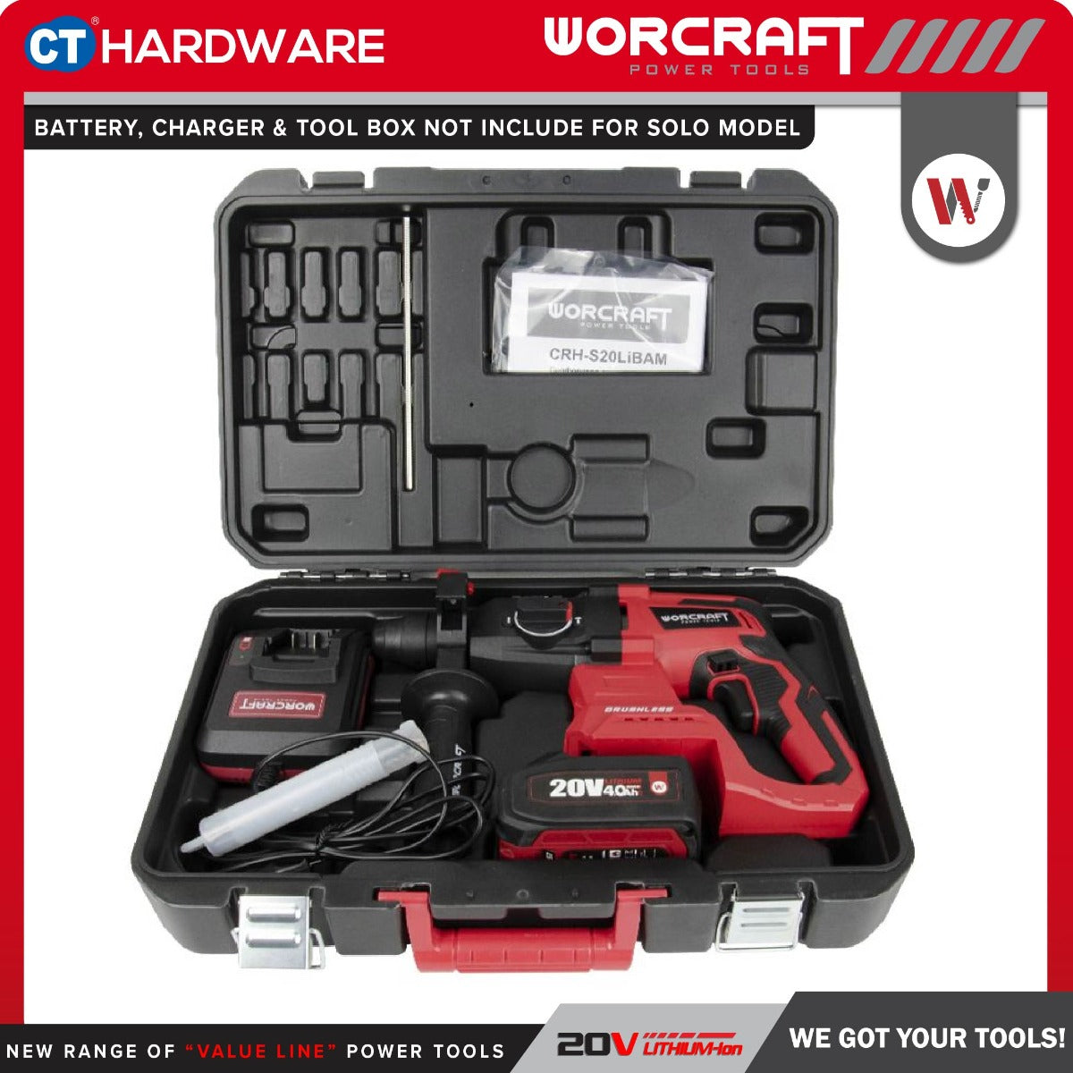 Worcraft CRH-S20LiBA 20V Cordless Brushless Rotary Hammer 3-Mode 1350RPM