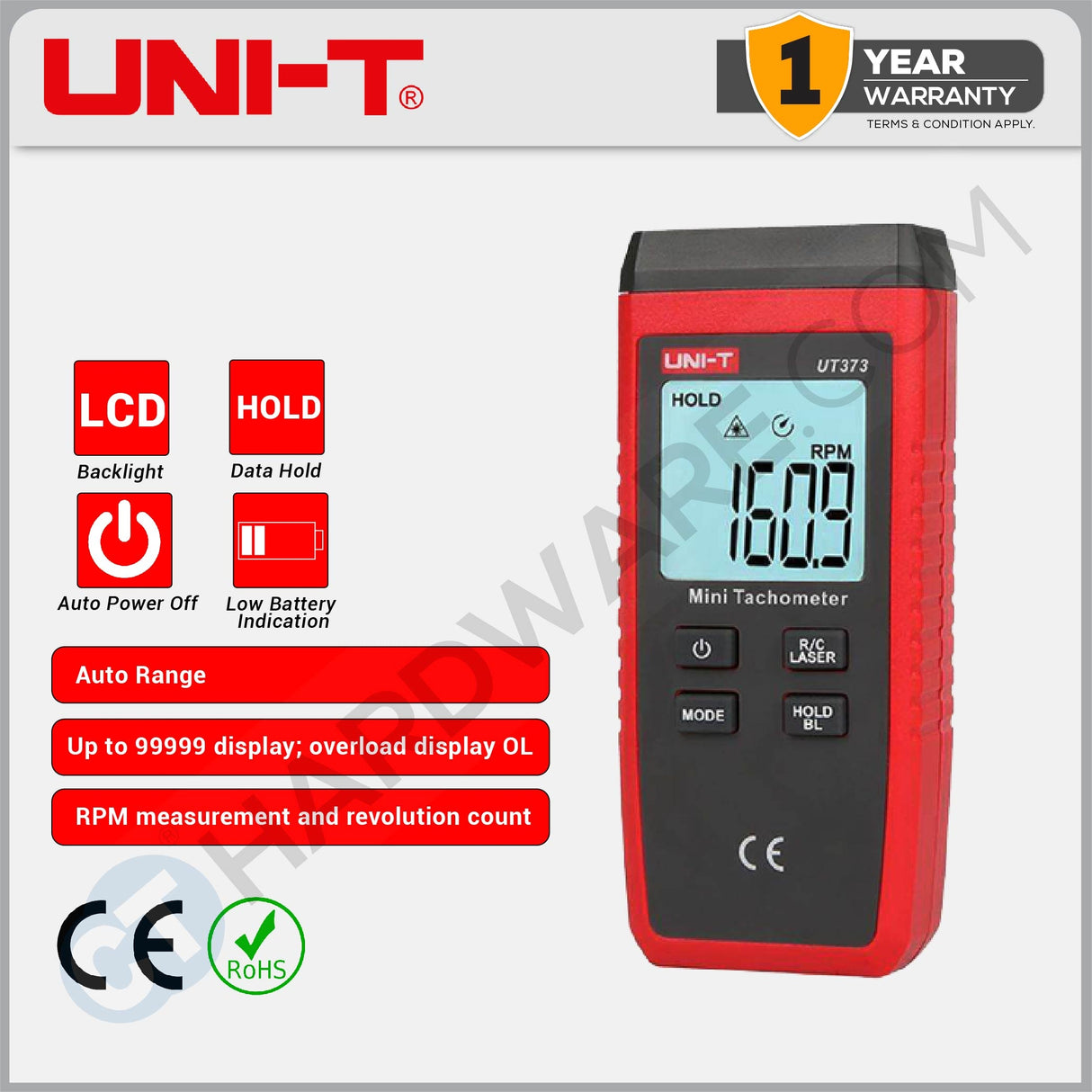 UNI-T UT373 MINI TACHOMETER 50-200MM 10-99,999RPM