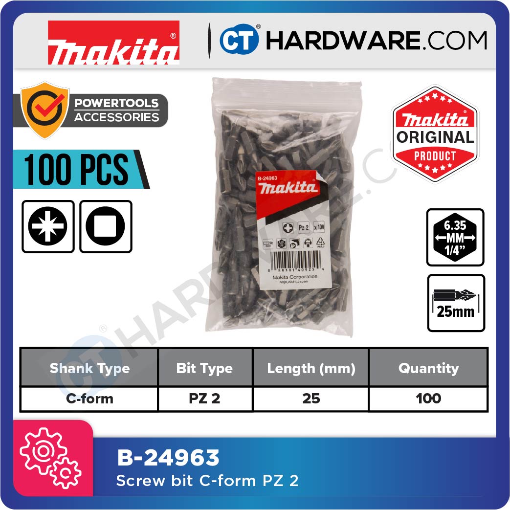Makita B-24963 Screw Bit C-Form In Plastic Bag PZ2 25mm (100pcs Pack)