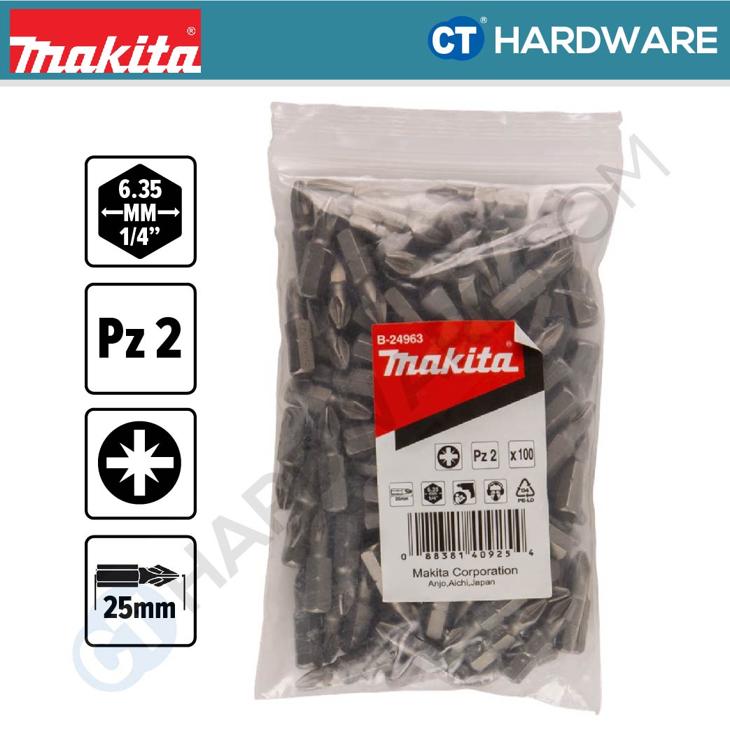 Makita B-24963 Screw Bit C-Form In Plastic Bag PZ2 25mm (100pcs Pack)