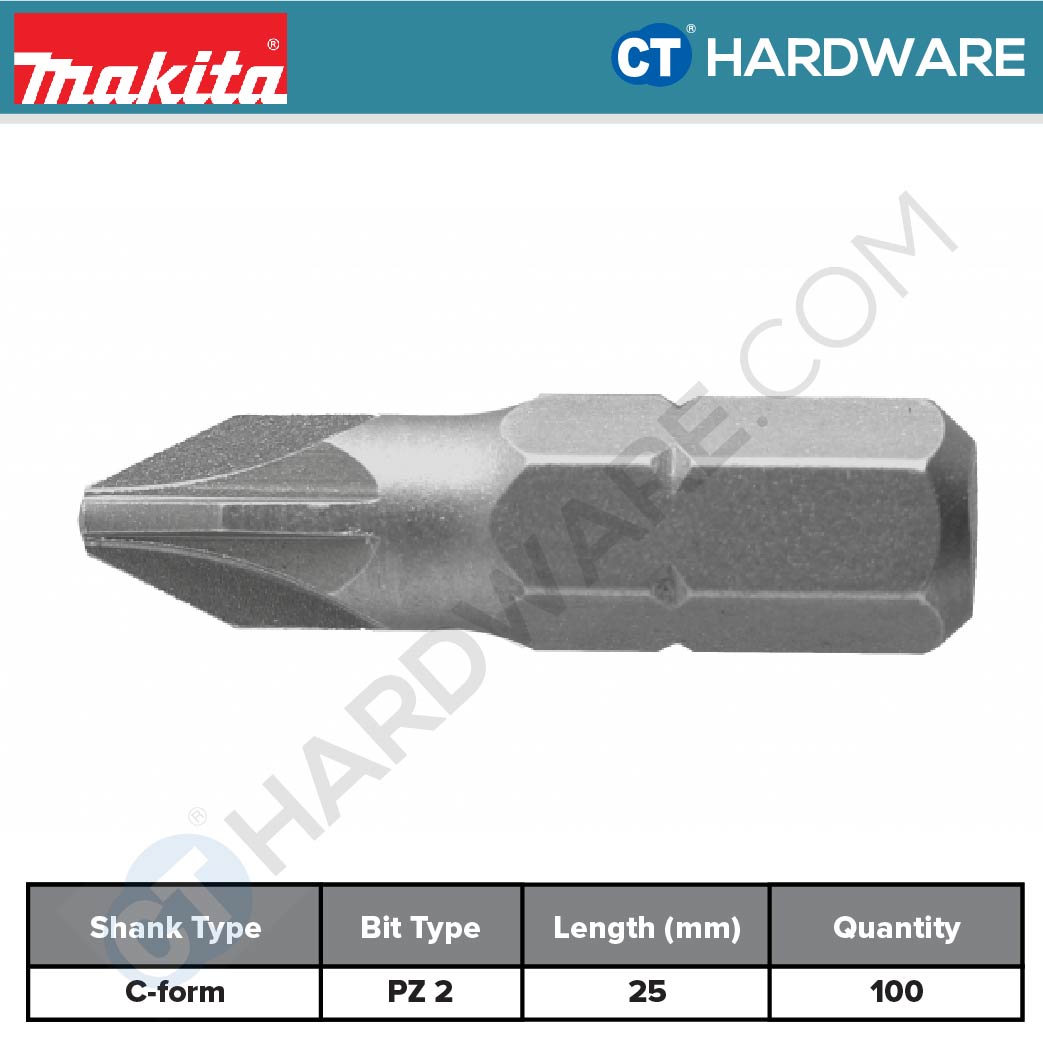 Makita B-24963 Screw Bit C-Form In Plastic Bag PZ2 25mm (100pcs Pack)