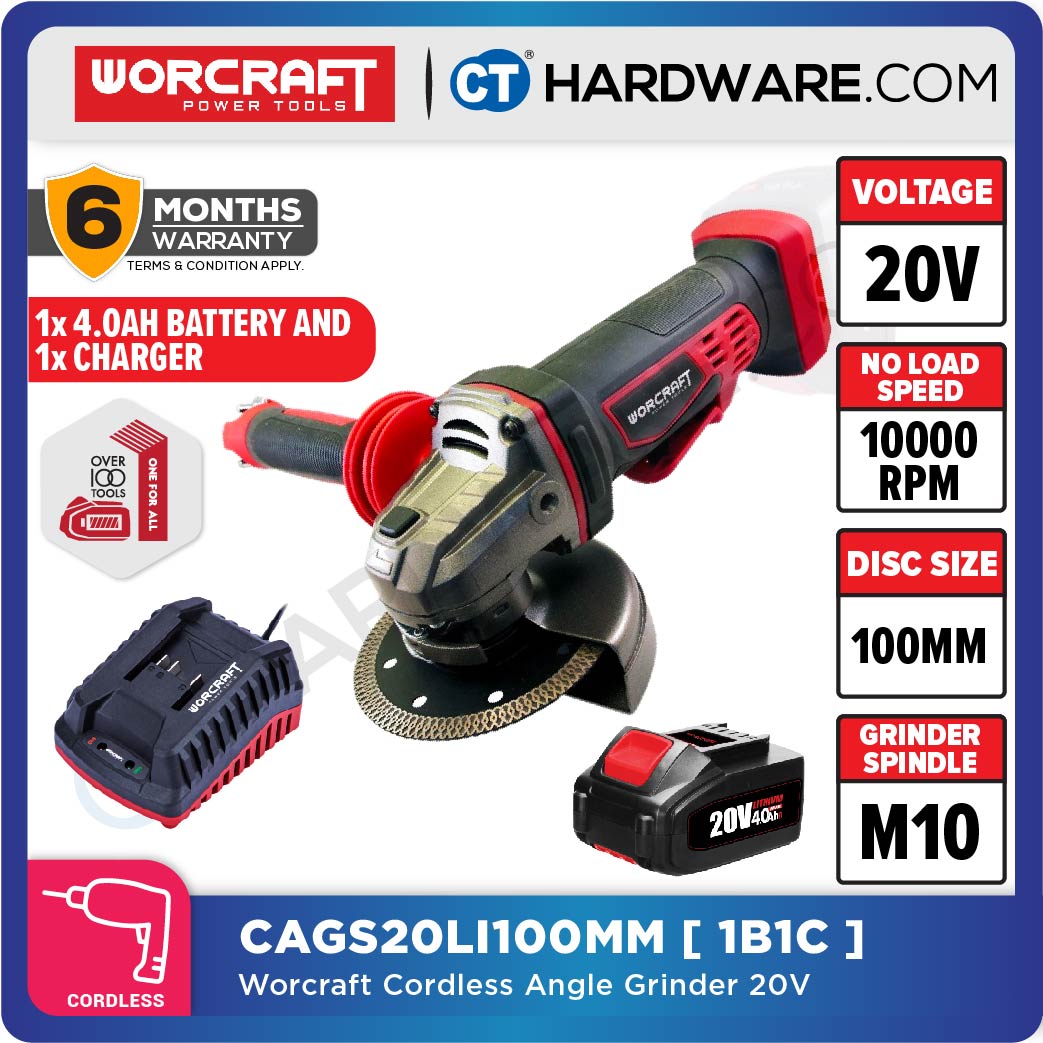 Worcraft CAG-S20Li-100MM 20V Cordless Angle Grinder 100mm M10 10000RPM