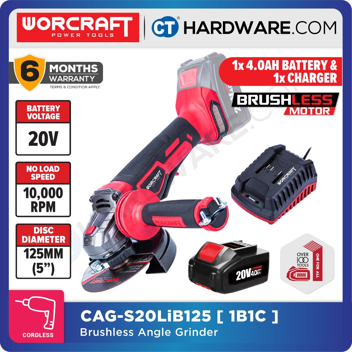 Worcraft CAG-S20LiB125 20V Cordless Brushless Angle Grinder 125mm 5" 10000RPM