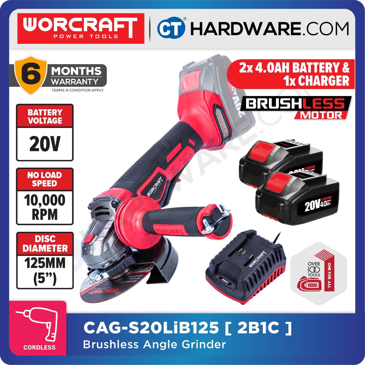 Worcraft CAG-S20LiB125 20V Cordless Brushless Angle Grinder 125mm 5" 10000RPM
