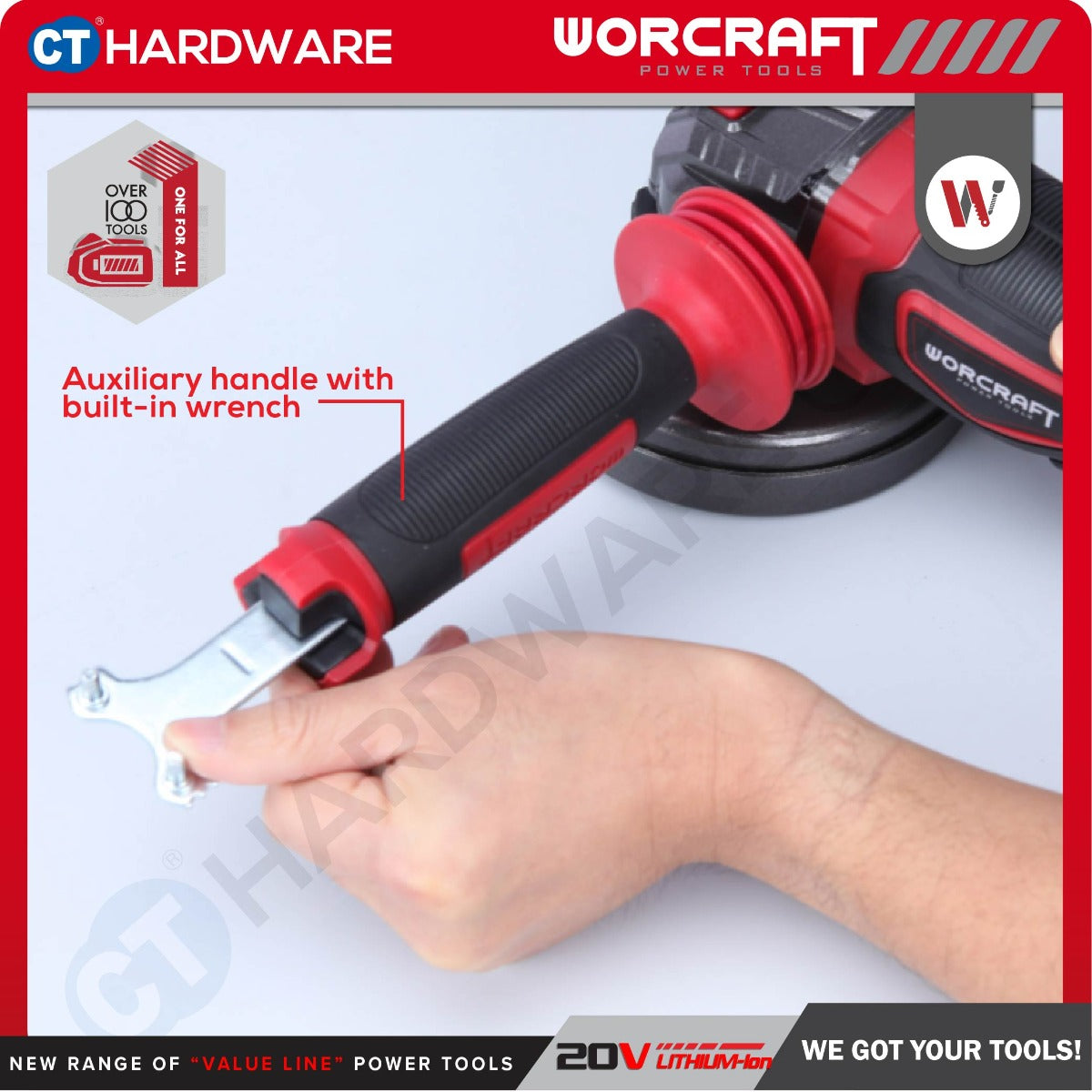 Worcraft CAGS-20LiBH-100MM 20V Cordless Brushless Angle Grinder 100mm M10