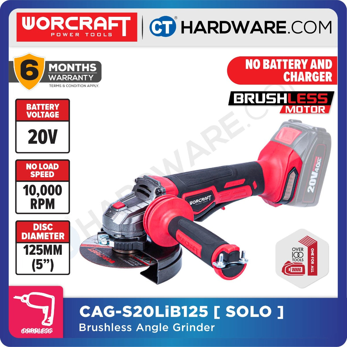Worcraft CAG-S20LiB125 20V Cordless Brushless Angle Grinder 125mm 5" 10000RPM