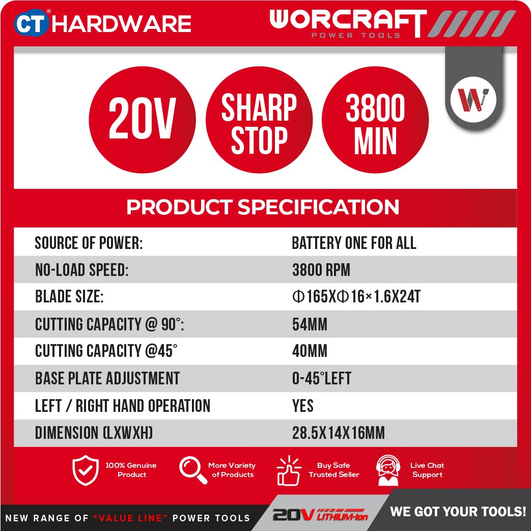 Worcraft CCS-S20Li 20V Cordless Circular Saw 165mm 6-1/2" 3800RPM
