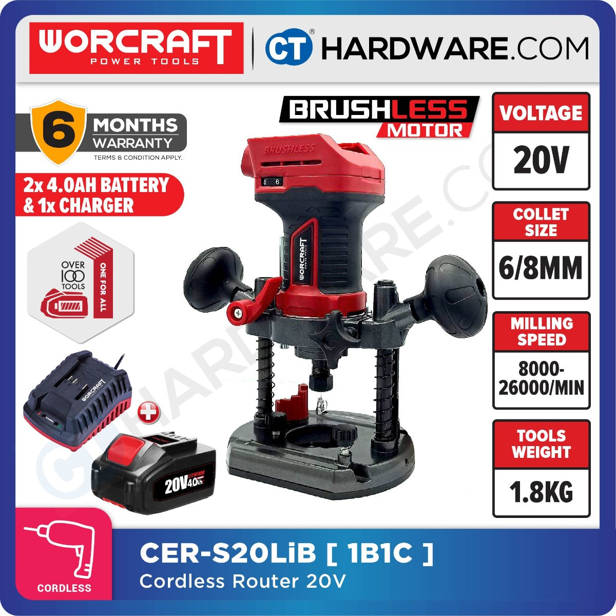 Worcraft CER-S20LiB 20V Cordless Brushless Router Trimmer 6/8mm 26000RPM