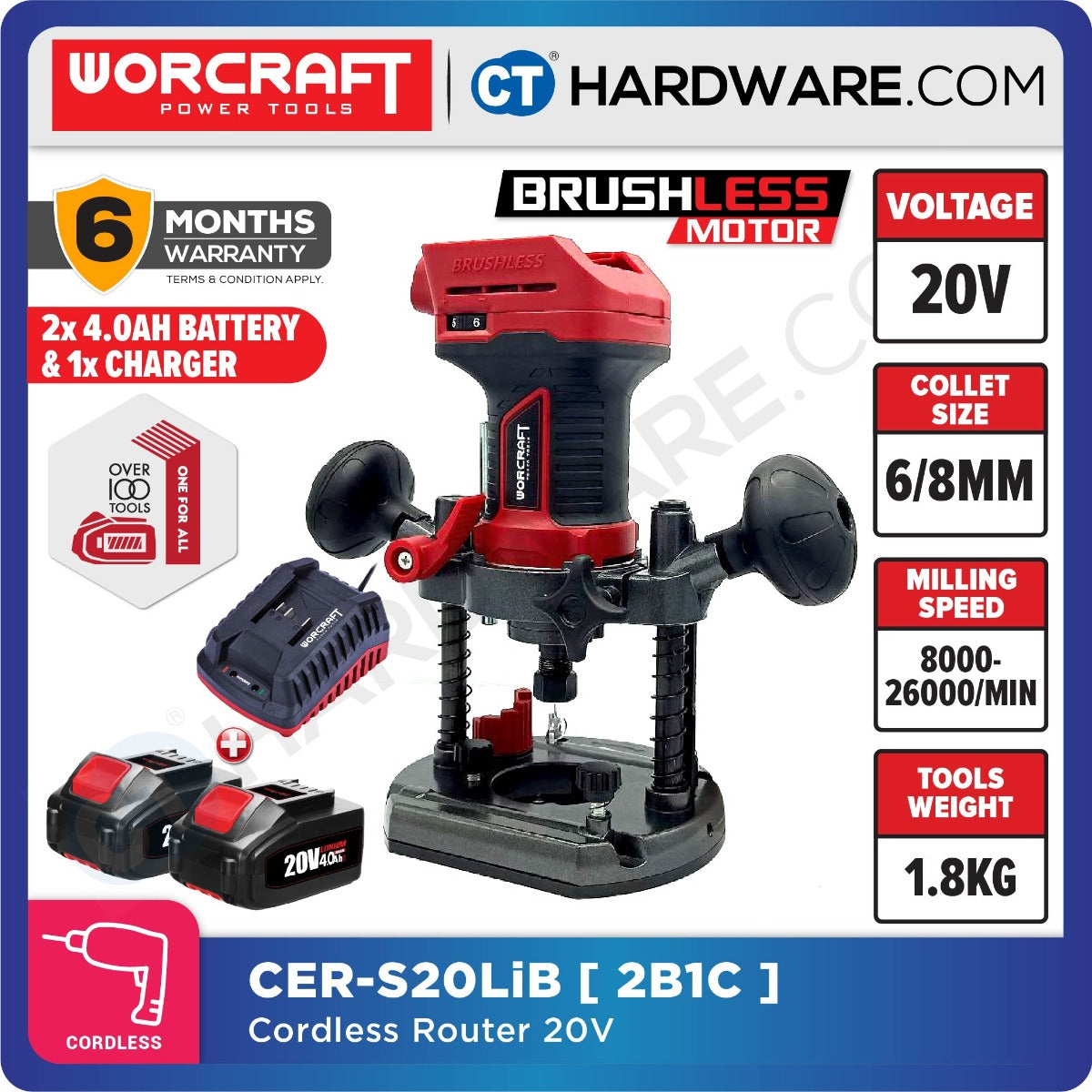 Worcraft CER-S20LiB 20V Cordless Brushless Router Trimmer 6/8mm 26000RPM