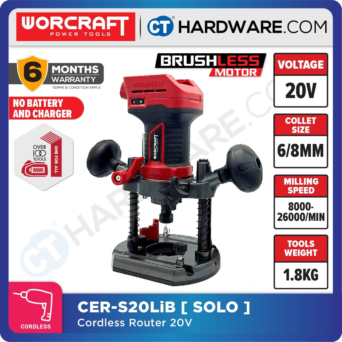 Worcraft CER-S20LiB 20V Cordless Brushless Router Trimmer 6/8mm 26000RPM