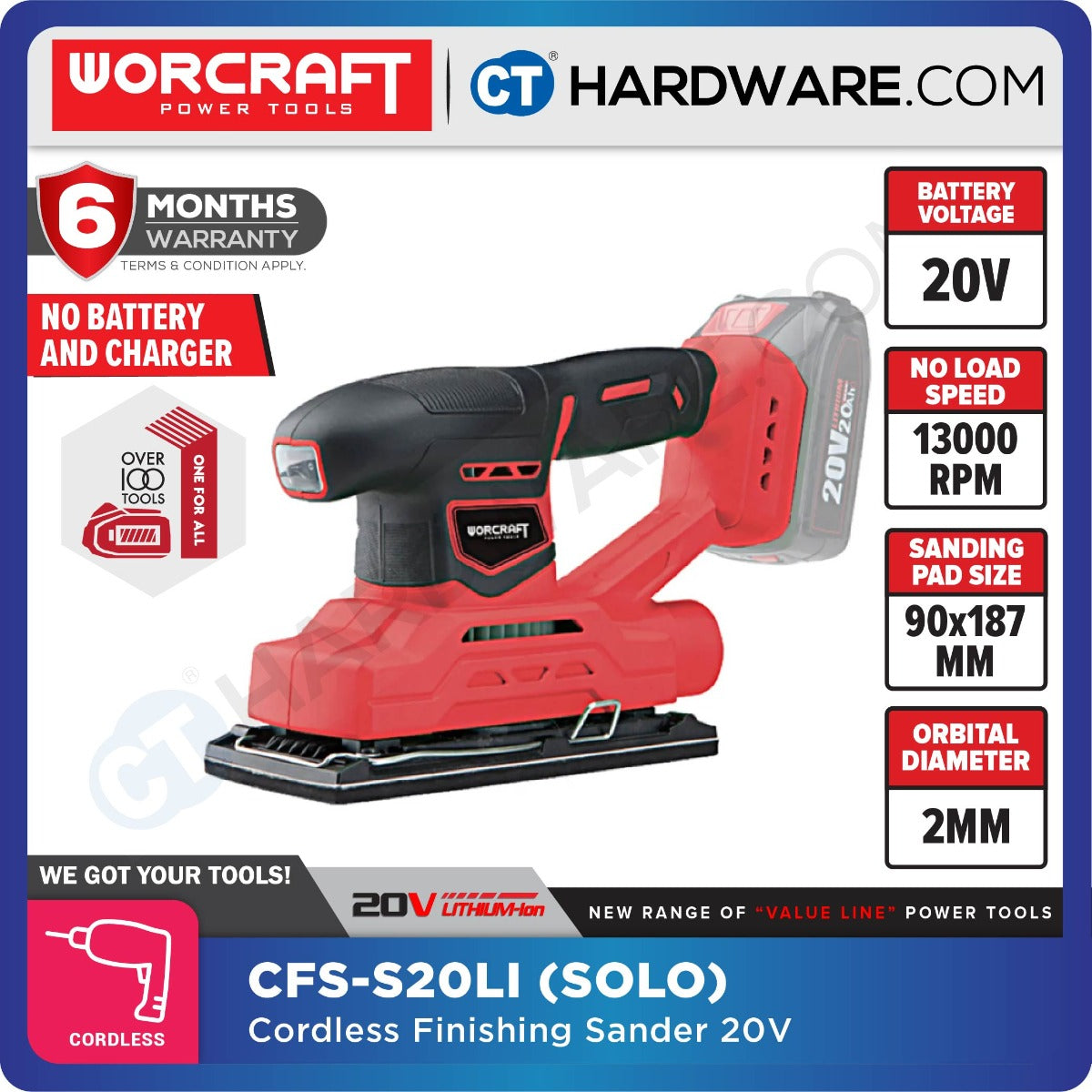 Worcraft CFS-S20Li 20V Cordless Finishing Sander 90 x 187mm 13000RPM