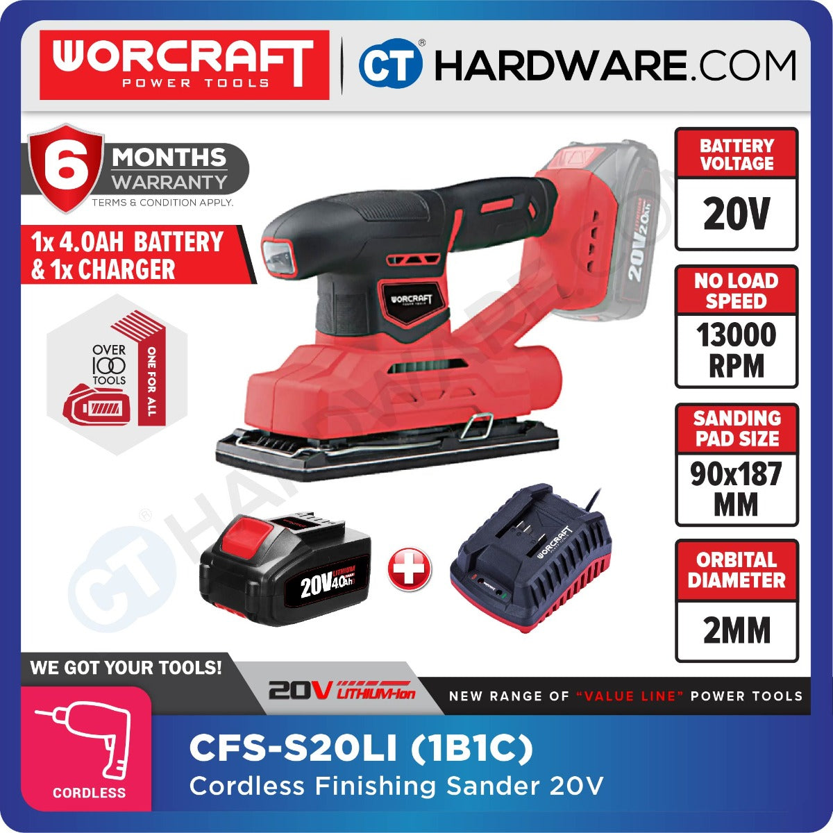 Worcraft CFS-S20Li 20V Cordless Finishing Sander 90 x 187mm 13000RPM