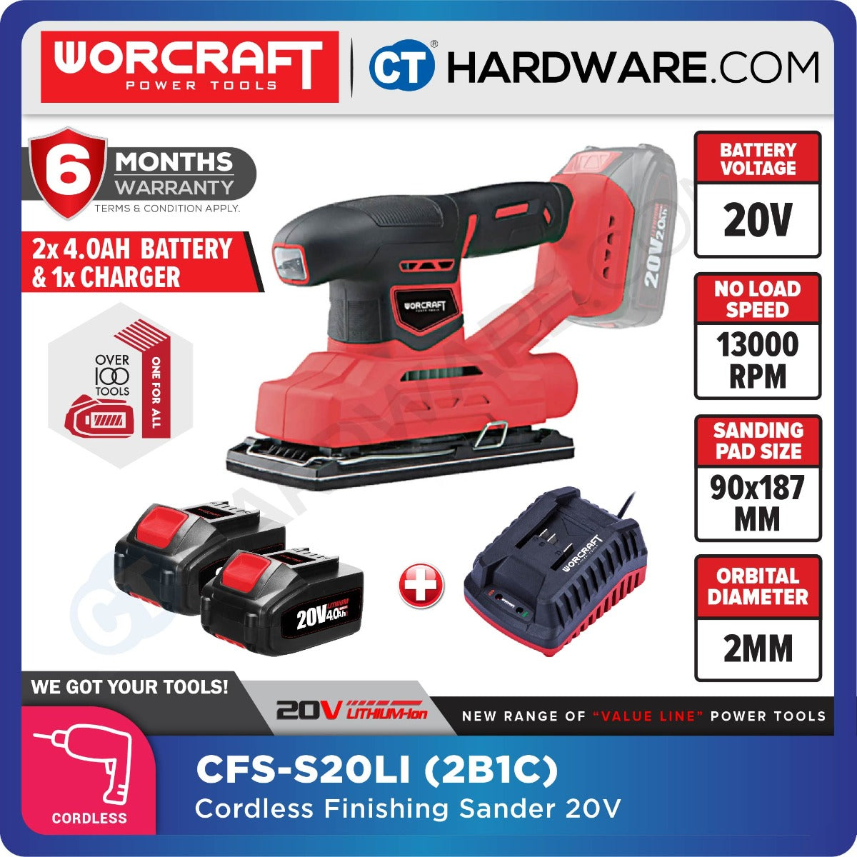 Worcraft CFS-S20Li 20V Cordless Finishing Sander 90 x 187mm 13000RPM