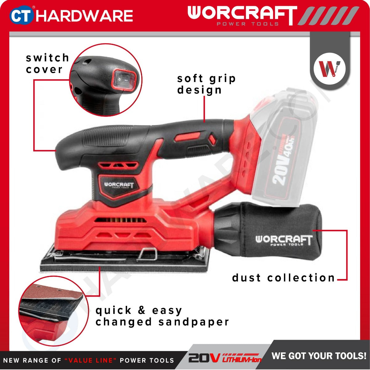 Worcraft CFS-S20Li 20V Cordless Finishing Sander 90 x 187mm 13000RPM