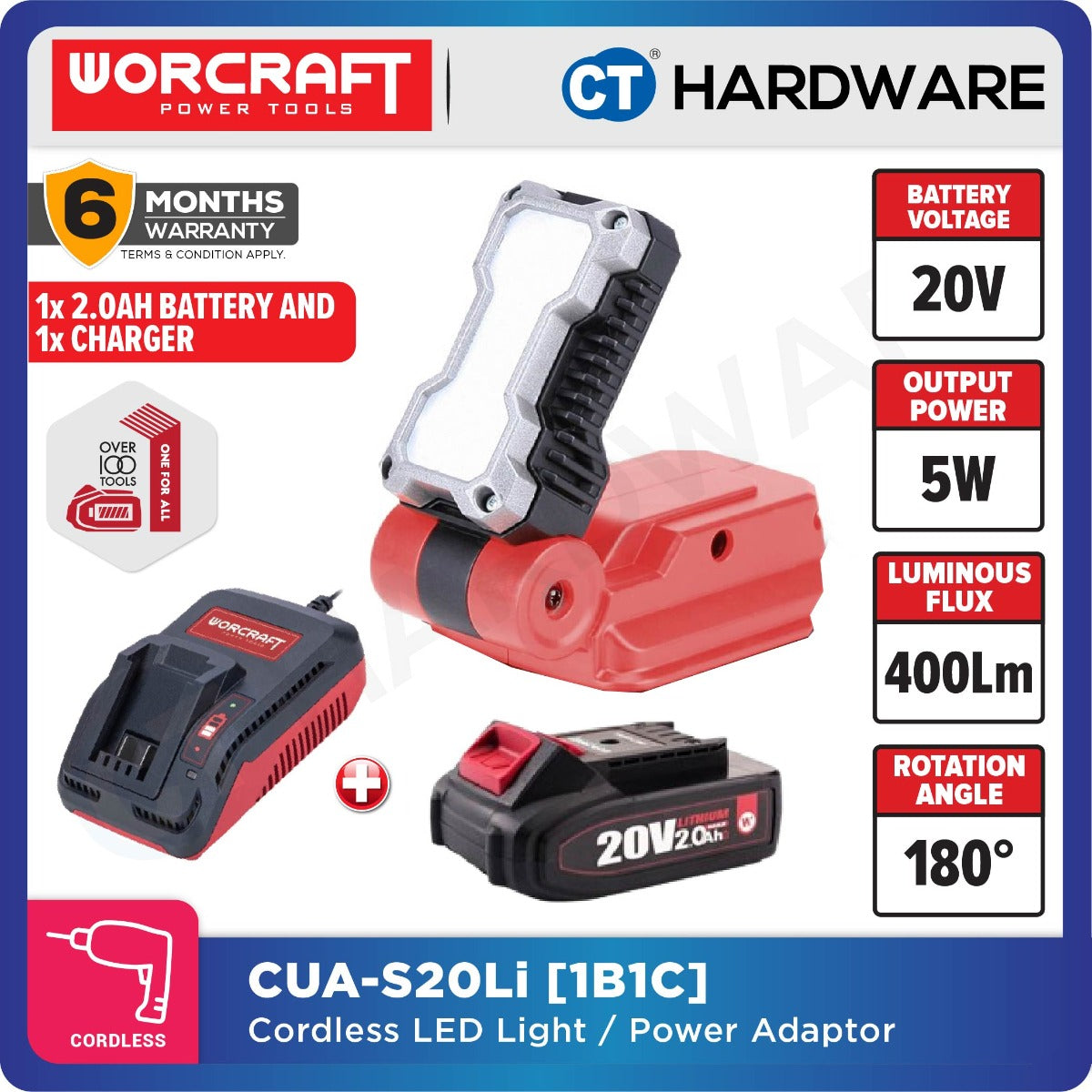 Worcraft CUA-S20Li 20V Power Adaptor with LED Light 5W 400 Lumens USB Type-C