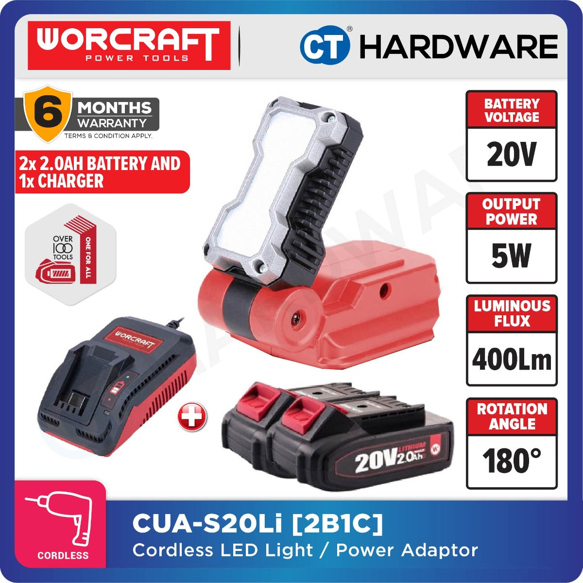 Worcraft CUA-S20Li 20V Power Adaptor with LED Light 5W 400 Lumens USB Type-C