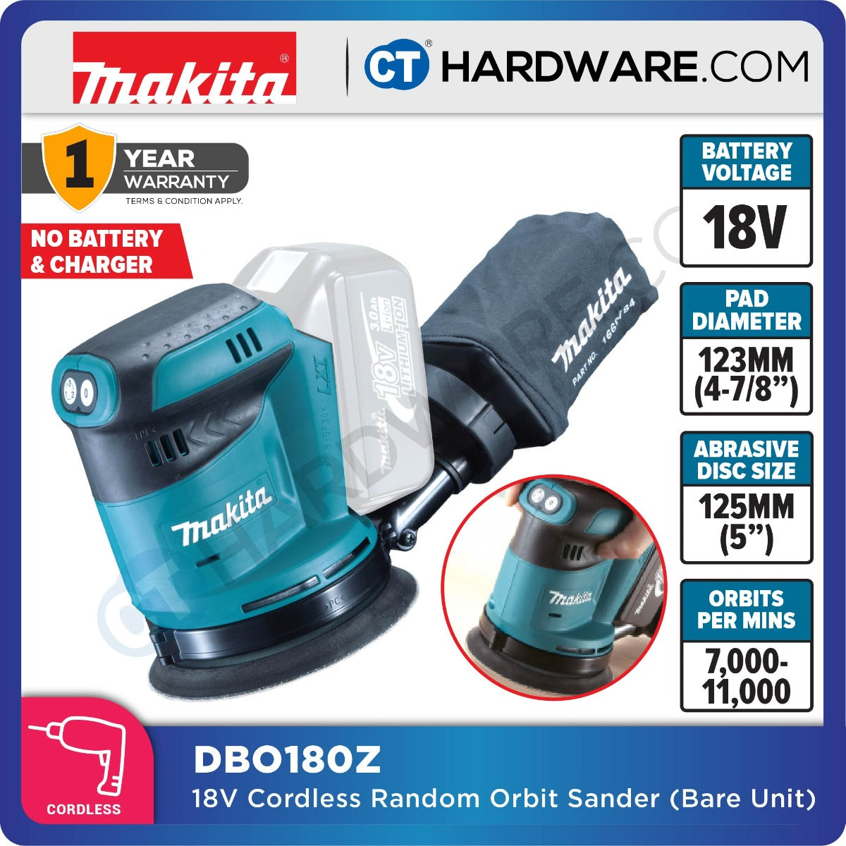 Makita DBO180Z LXT 18V Cordless Random Orbital Sander 5" 125mm (Body Only)