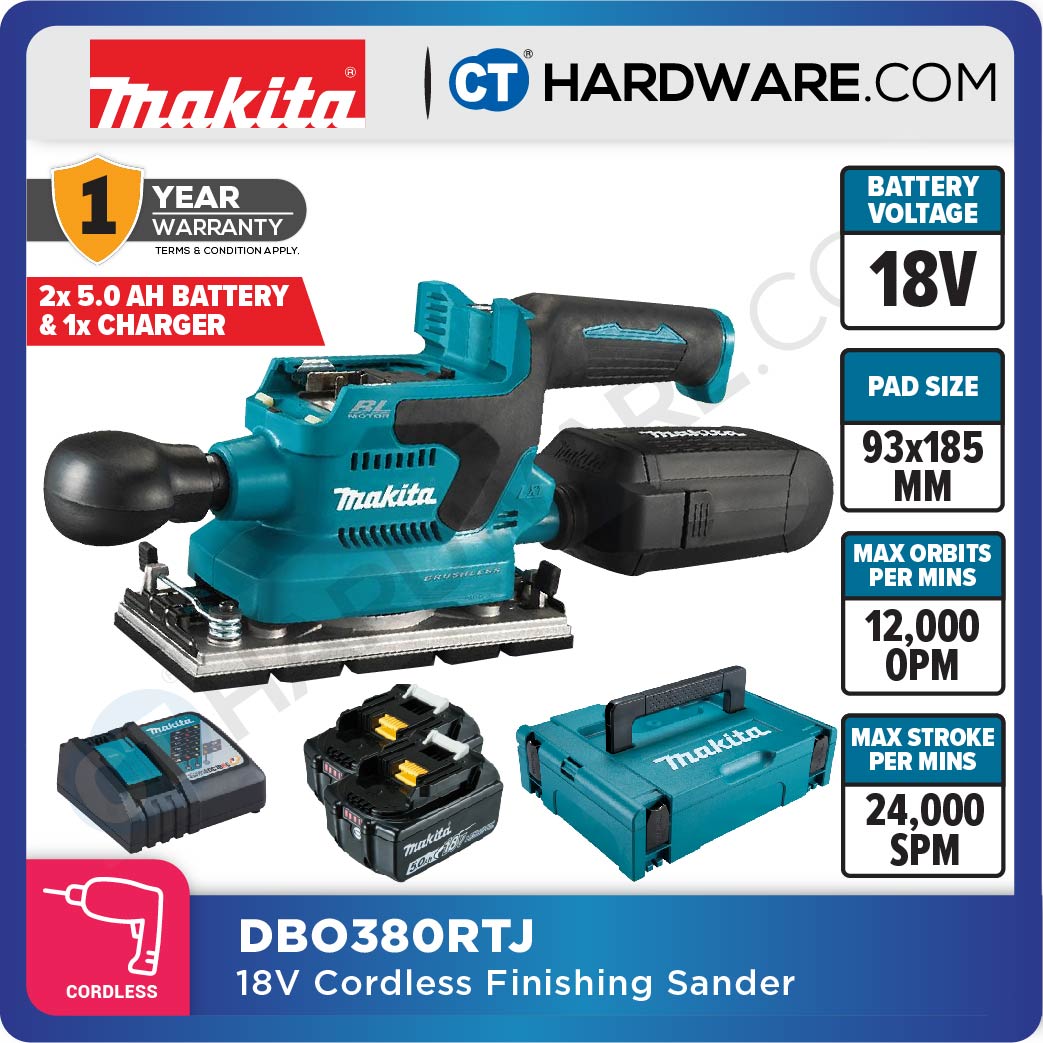 Makita DBO380RTJ/ Z LXT 18V Cordless Brushless Finishing Sander 93x185mm (Body Only | 2-Battery)