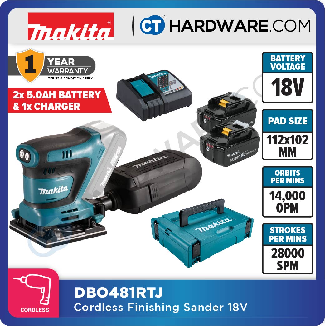 Makita DBO481RTJ/ Z LXT 18V Cordless Finishing Sander 112x102 Mm (Body Only | 2-Battery)