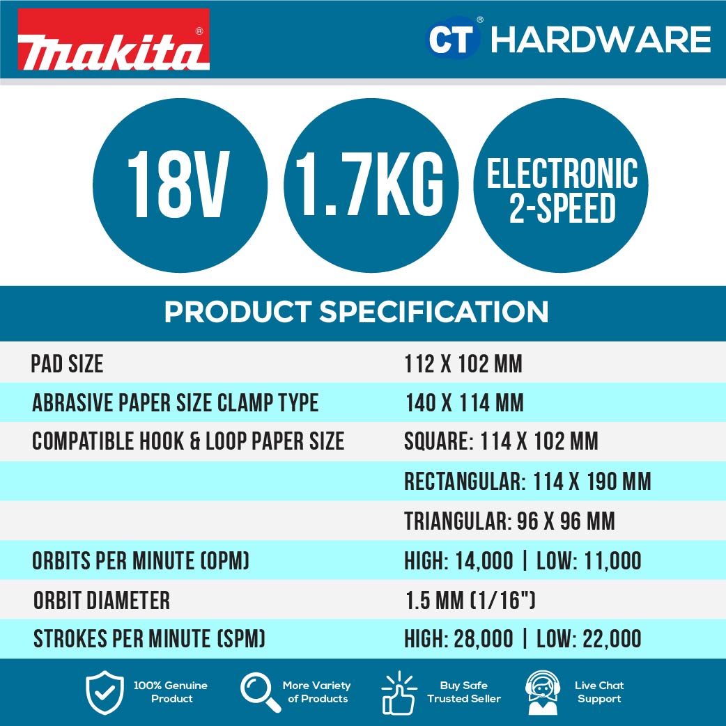 Makita DBO481RTJ/ Z LXT 18V Cordless Finishing Sander 112x102 Mm (Body Only | 2-Battery)