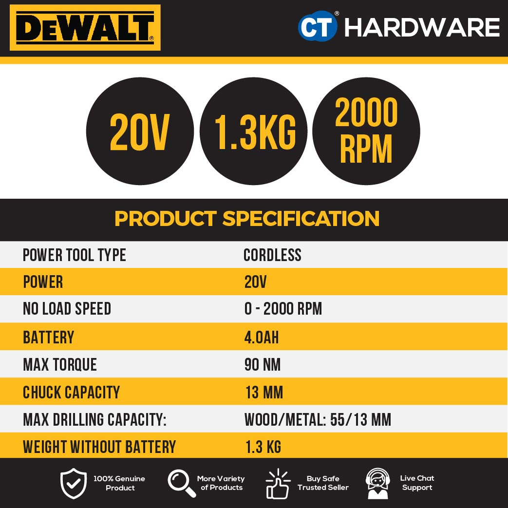 DEWALT DCD805M2T CORDLESS BRUSHLESS HAMMER DRILL DRIVER 20V 13MM COME WITH 2PCS BATTERY 20V 4.0AH & 1PC CHARGER