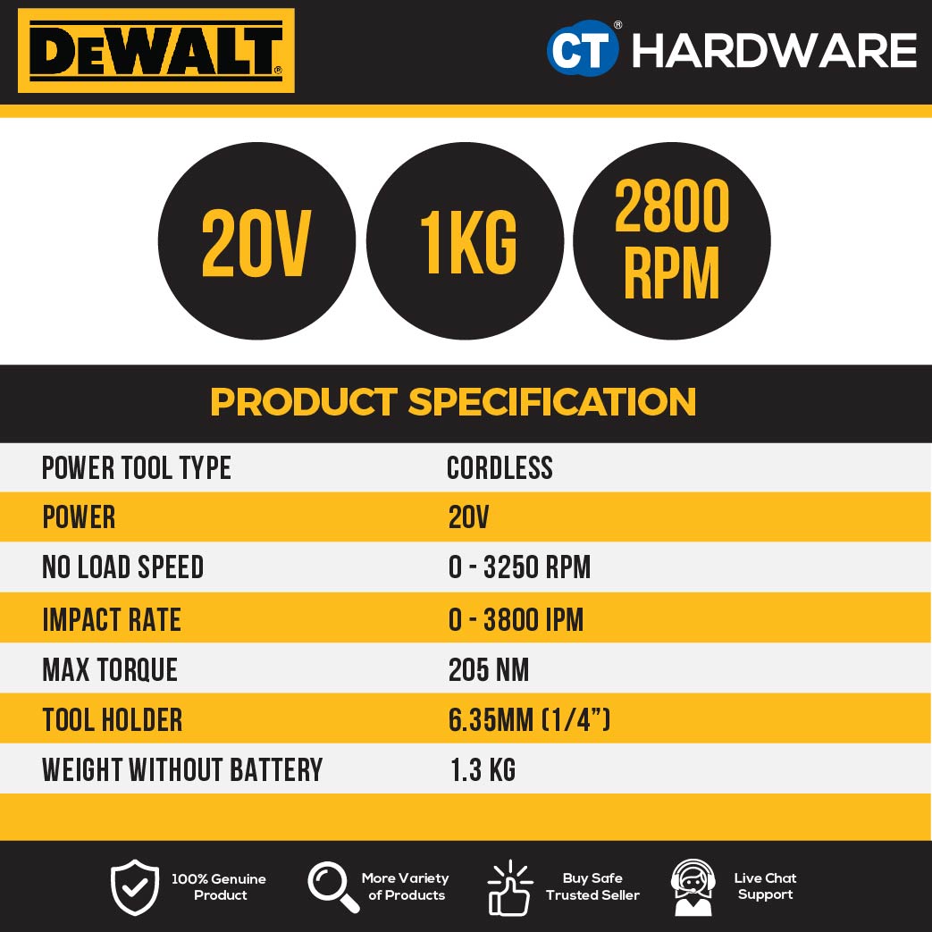 DEWALT DCF850D2A BRUSHLESS ATOMIC IMPACT DRIVER 20V 2.0AH 205NM 3250RPM COME WITH 2 BATTERY 1 CHARGER